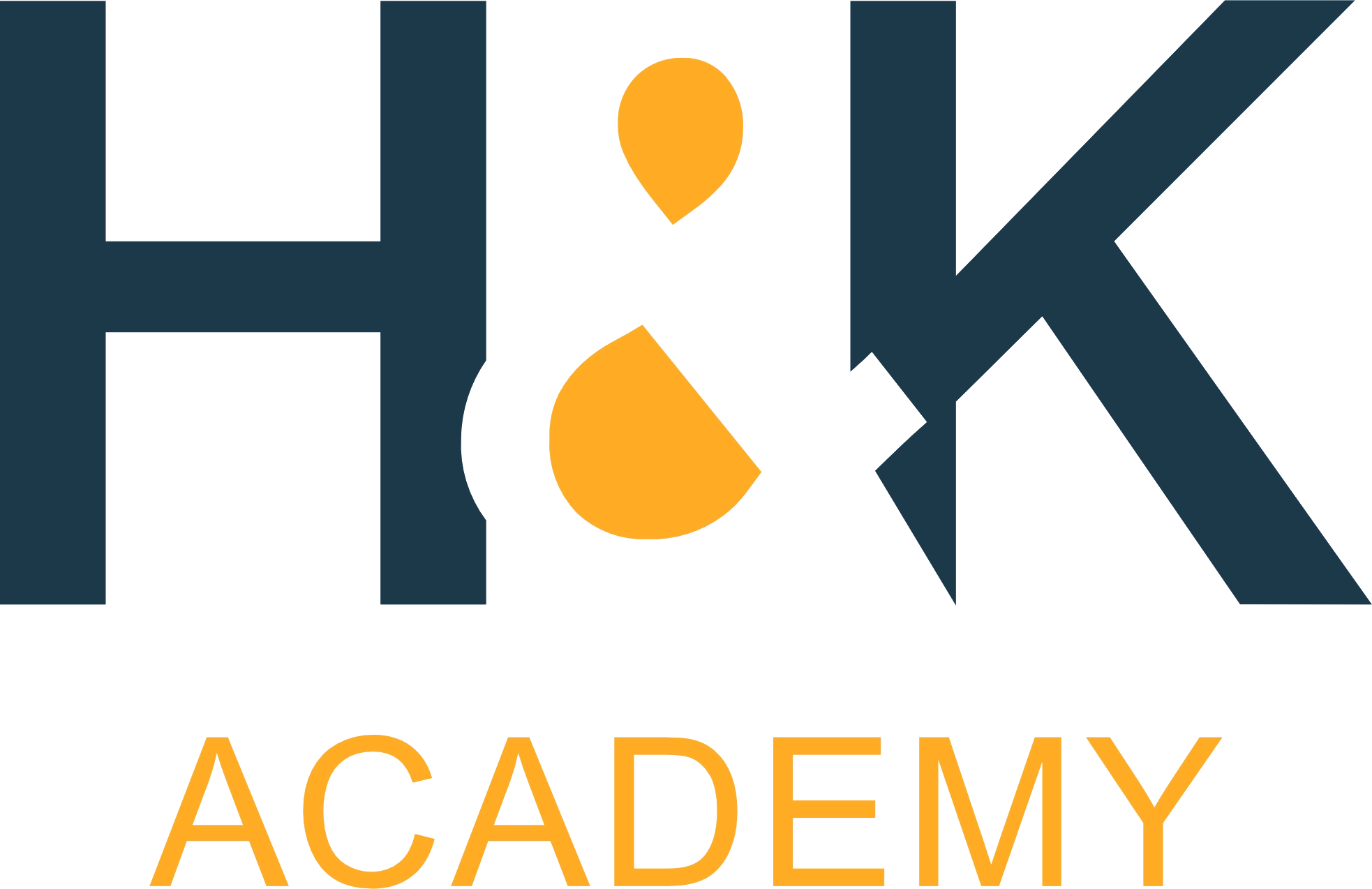 Blauer Schriftzug "H&K" in Großbuchstaben, das "&"-Zeichen in Orange. Darunter steht "ACADEMY" in orangefarbenen Großbuchstaben. Weißer Hintergrund.