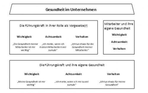 Gesundheit im Unternehmen Das Bild zeigt ein Schaubild zum Thema "Gesundheit im Unternehmen" mit zwei Bereichen: "Die Führungskraft in ihrer Rolle als Vorgesetzte(r)" und "Die Führungskraft und ihre eigene Gesundheit". Beide Bereiche sind aufgeteilt in Wichtigkeit, Achtsamkeit und Verhalten.